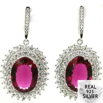 

12.4g Real 925 Solid Sterling Silver Deluxe Top Pink Tourmaline CZ Earrings 44x21mm