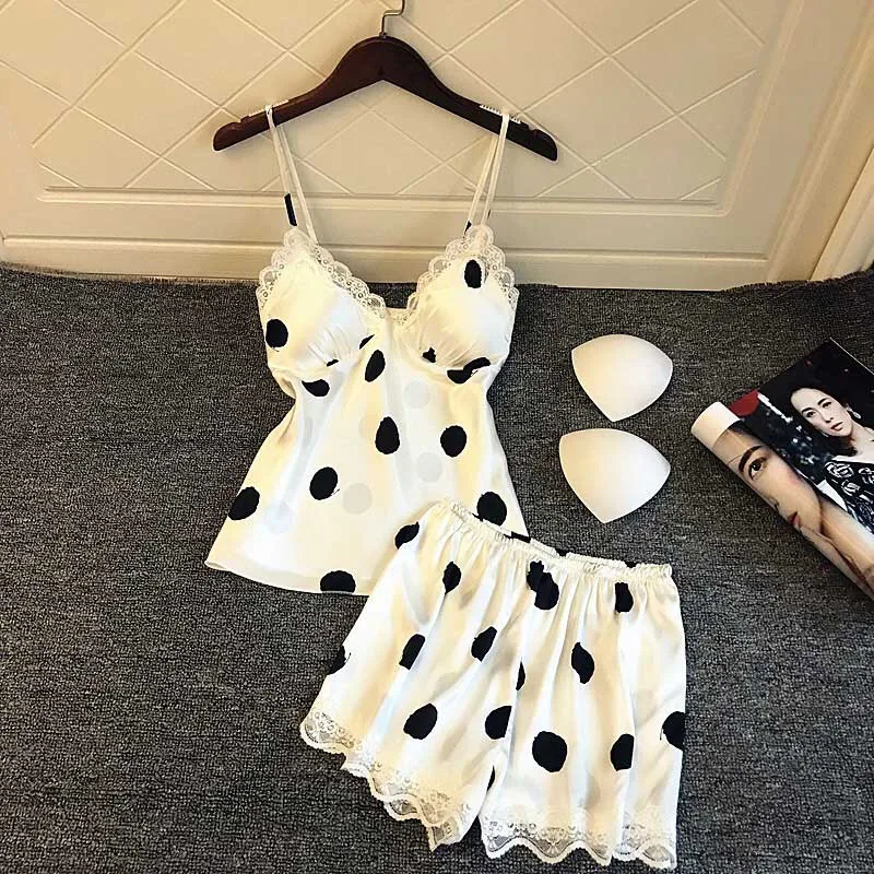 

White Pajamas for Women Sexy Lace Lingerie Polka Dot Women Sleepwear Cute Pajama Set Casual Pijama V-Neck Pyjama 2 Pieces Sets