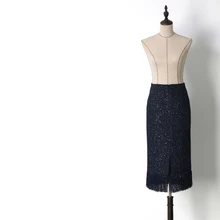 Новинка QZ8813074 весна осень секция большая синяя темно-синяя бусина твид кисточкой половина юбка спереди разрез