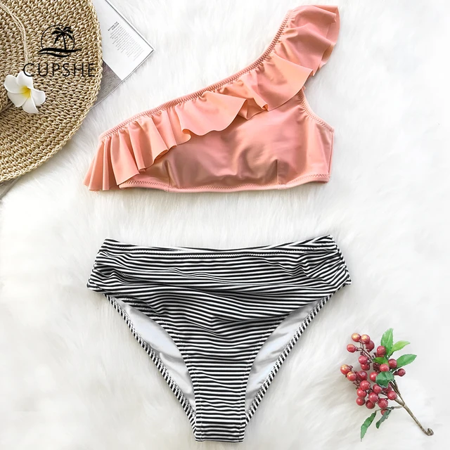 Special Offers CUPSHE Pink One shoulder Ruffle Falbala Bikini Set Women Striped Sexy Two Piece Swimwear 2018 Beach Slim Girl New Swimsuits Special Offers CUPSHE Pink One shoulder Ruffle Falbala Bikini Set Women Striped Sexy Two Piece Swimwear 2018 Beach Slim Girl New Swimsuits