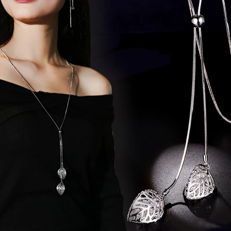 

Simple Design Zircon Leaves Long Necklace for Women Fashion Gold Silver Chain Tassel Necklaces & Pendants Bijoux Collier Femme