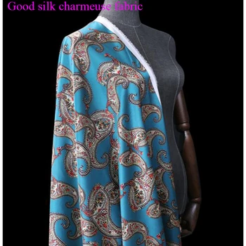 

Width 108cm Good Stretch Charmeus Silk Fabric Blue Paisley Digital Printing Silk Fabric Sewing Material Diy Dress Cheongsam