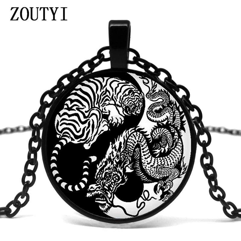 

2018/Retro Art Yin Yang Dragon Tiger Necklace Pendant Kolye Convex Black Long Chain Necklace Boy