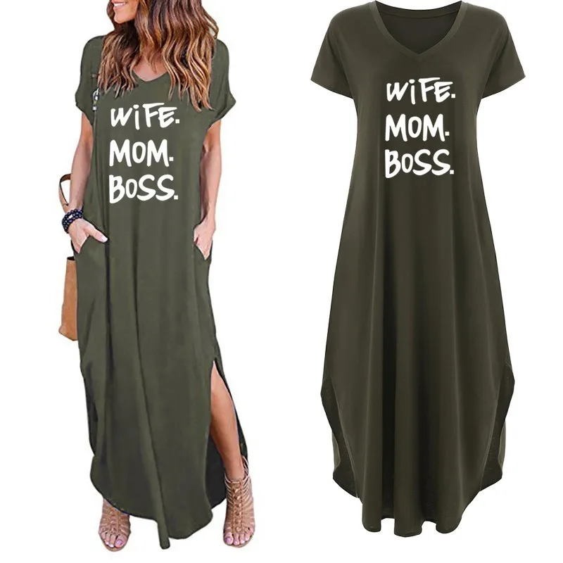 

2019 Fashion T-Shirt for Women Pocket WIFE MOM BOSS Letters Print Top Tshirt Women Punk Cotton Off Shoulder Tops Mother's Day