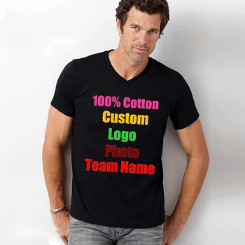 

Solid Custom Logo Photo Text advertising Male V neck Short Sleeve Mens T-shirt Oversized Cotton Man Boy Punk Navy T shirt Tops