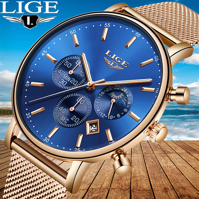 

LIGE Fashion Quartz Moon phase Waterproof Sport reloj mujer Top Luxury Steel Mesh Belt Chronograph Gold Blue Dial relogio femino