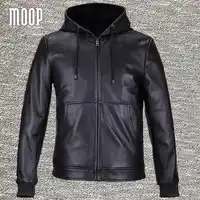 Black genuine leather jackets coats men heavyweight lambskin hooded motorcycle jacket veste cuir homme 2 patch pockets LT559