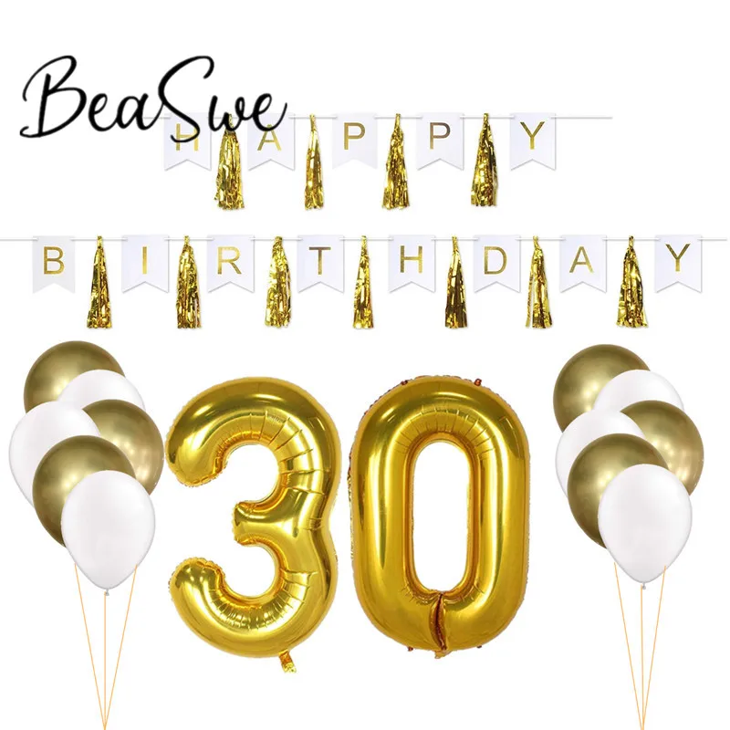 

18pcs Large Size 32" gold 30 18 Number Foil Balloon hanging banner with tassel chrome balls metal Birthday Party Decor Helium