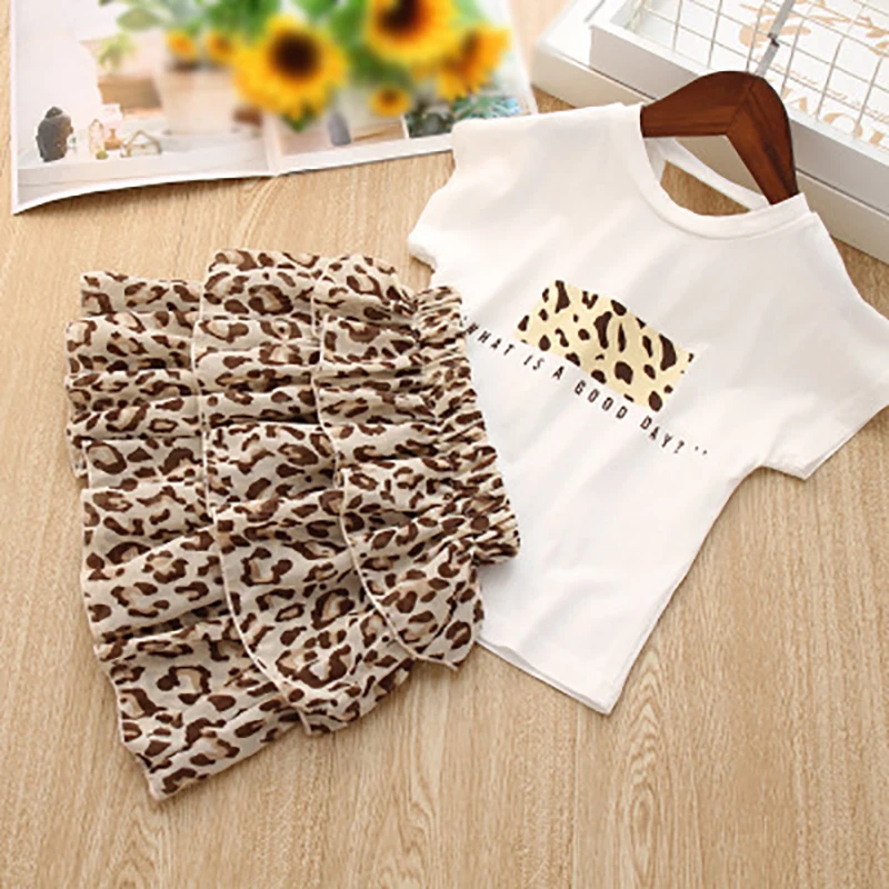 Girls Clothes Set Summer White Shirt with Chiffon Leopard Cake Skirt 2 Pieces Sets Little Kids Cotton Clothing Suit