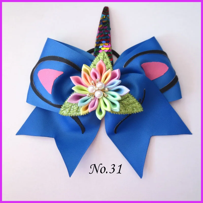 2 BLESSING Girl 8/" Cheer Leader Bow Latest Unicorn Hair Elastic Rainbow Flower
