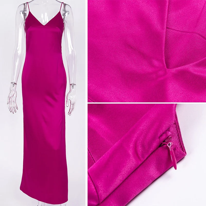 Forefair Sexy Maxi Satin Dress Summer Women Slit V Neck High Waist Off Shoulder Black Red Slip Silk Long Dress Party Club