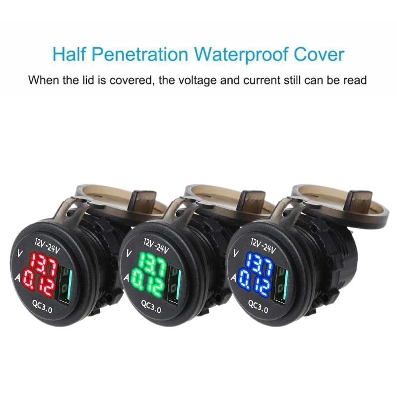 QC 3.0 USB Charger Socket LED Voltmeter Current Display for Car Boat Motorcycle