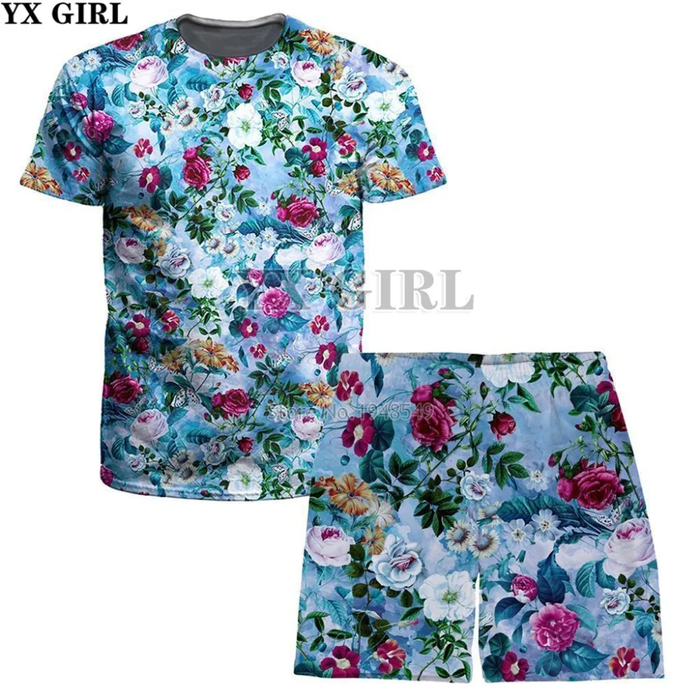 

YX GIRL Men Women streetwear T-Shirt Spring Dream T-Shirt And Shorts Combo Vintage style flower 3d Print summer Casual t shirt