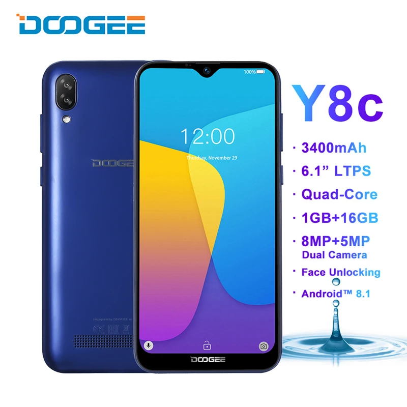 

Doogee Y8c 3G Dual Sim Smartphone Android 8.1 6.1 inch 19:9 Waterdrop Full Screen 1GB 16G Quad Core Face ID Mobile Phone 3400mAh