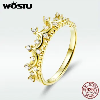 

WOSTU Gold Color Queen Crown Ring Real 925 Sterling Silver Zircon Finger For Women Wedding Party Luxury Brand Jewelry DXR493