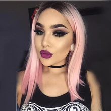 V Nice Pastel Pink Ombre Synthetic Lace Front Wigs Silky Straight Heat Resistant FiberS Bob Short
