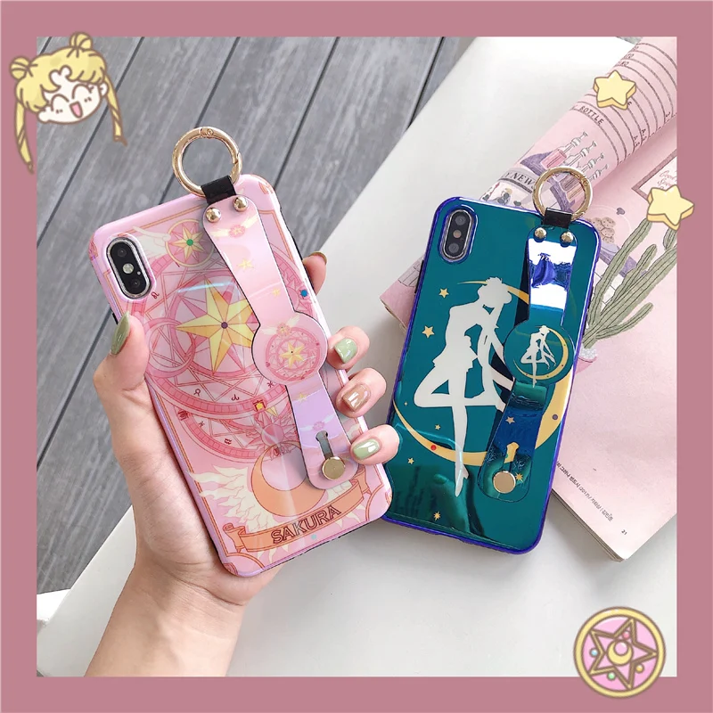 

Sailor Moon Wrist Strap phone Case For iphone 7 8 6 6s plus Case For iphone X Xs max XR Blu ray Cute Phone Holder Case