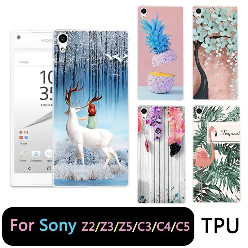 QMSWEI TPU Clear Soft Phone Case For Sony Z3 Z2 Z5 Z4 Flamingo Leaf Pineapple Flora Painted Cover C3 C4 C5 |