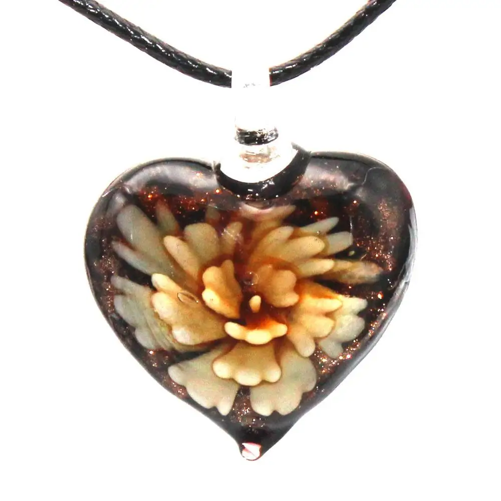 

1Pcs Gold Sand Lampwork Pendants with Inner Flower Murano Glass Pendant Necklace Women Leather Necklace