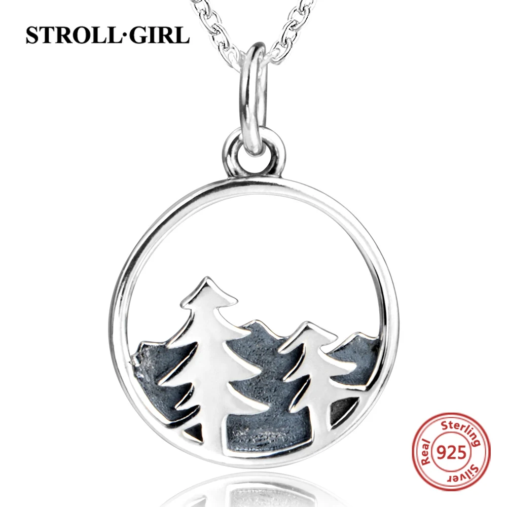 

Strollgirl New 925 Sterling Silver Pine Tree in the snow Necklaces round plant Pendants chains for Women Christmas Jewelry Gift