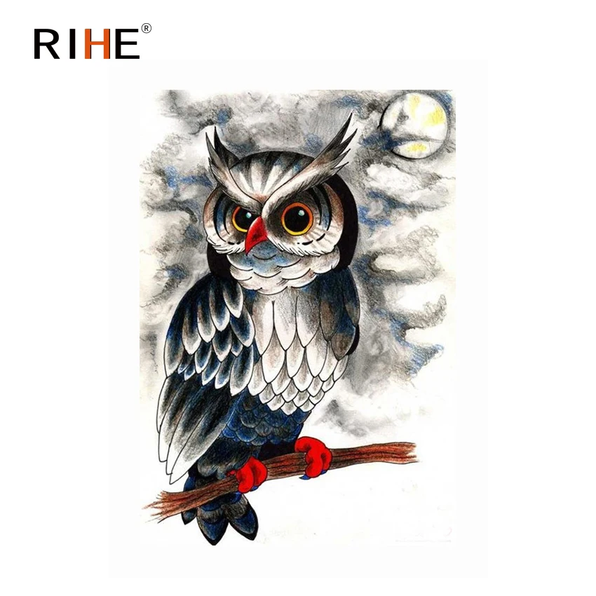 

RIHE Moon Owl Diy Painting By Numbers Bird Oil Painting On Canvas Hand Painted Cuadros Decoracion Acrylic Animal Paint Home Art