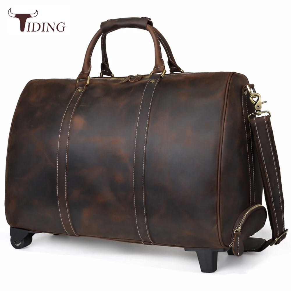 Tiding Genuine Leather Travel Luggage Bags On Wheels Cowhide Suitcase