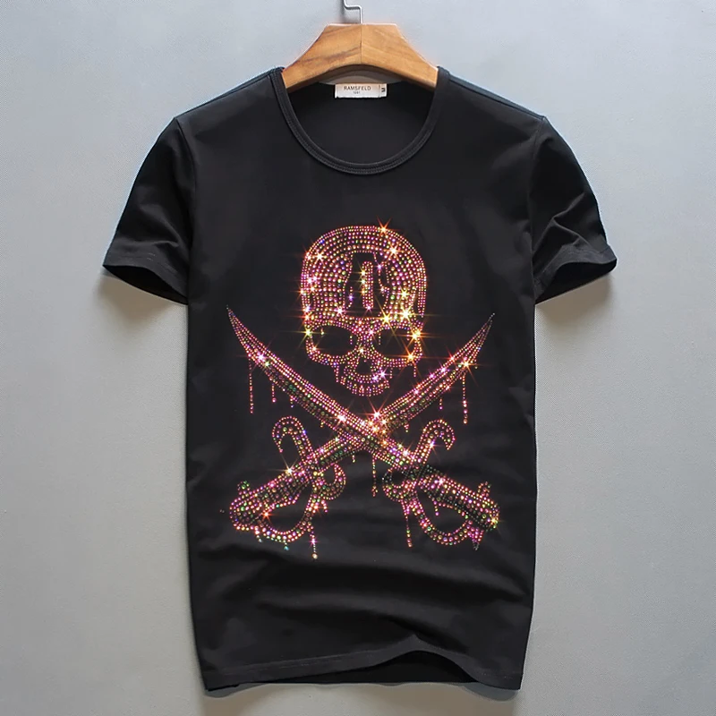 

2019 Summer Men Skulls Hot Fix Rhinestone T-Shirts O-Neck Short Sleeve Slim Tees Fashion Streetwear Europe Thin Tops 55-100KG