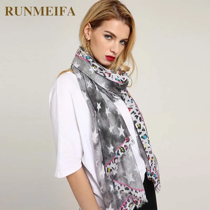 

[RUNMEIFA] 2018 New Arrival Women Star Pattern Scarf Long Design Leopard Print Scarves Shawl Lady Cotton Comfortable Silk Scarf