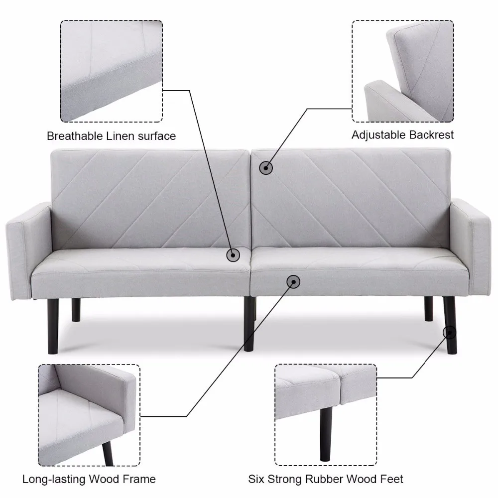 Giantex Futon Sofa Bed Convertible Recliner Couch Splitback Sleeper with Wood Legs Modern Living Room Furniture HW57254