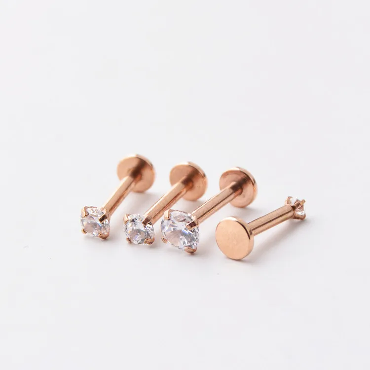 

Fashion Women Silver Rose Gold Black Titanium Steel Puncture Round Flat Labret White Stones Crystal Earrings Piercing Jewelry