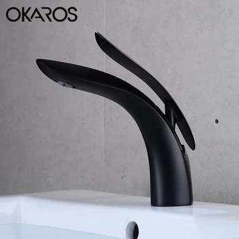 

OKAROS Basin Sink Faucet Bathroom Mixer Tap Solid Brass Black Leaf Shape Water Tap M075B