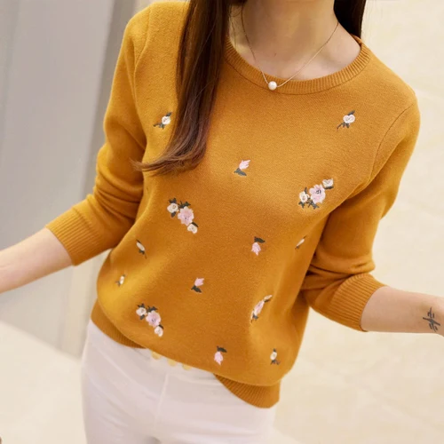 Женский вязаный свитер TIGENA, вышивкой пуловер с длинным рукавом для женщин на осень-зиму - Цвет: Цвет: желтый