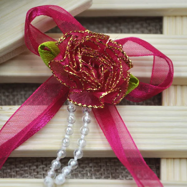 10 шт. Orangza цветы из атласной ленты банты W/листок розы Свадебное Украшение B54 - Цвет: Wine