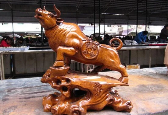 

150401 S0248 China Folk Yellow Wood handwork Fengshui Kind Carved Money Bull Ox Statue discount 30% (C0324)