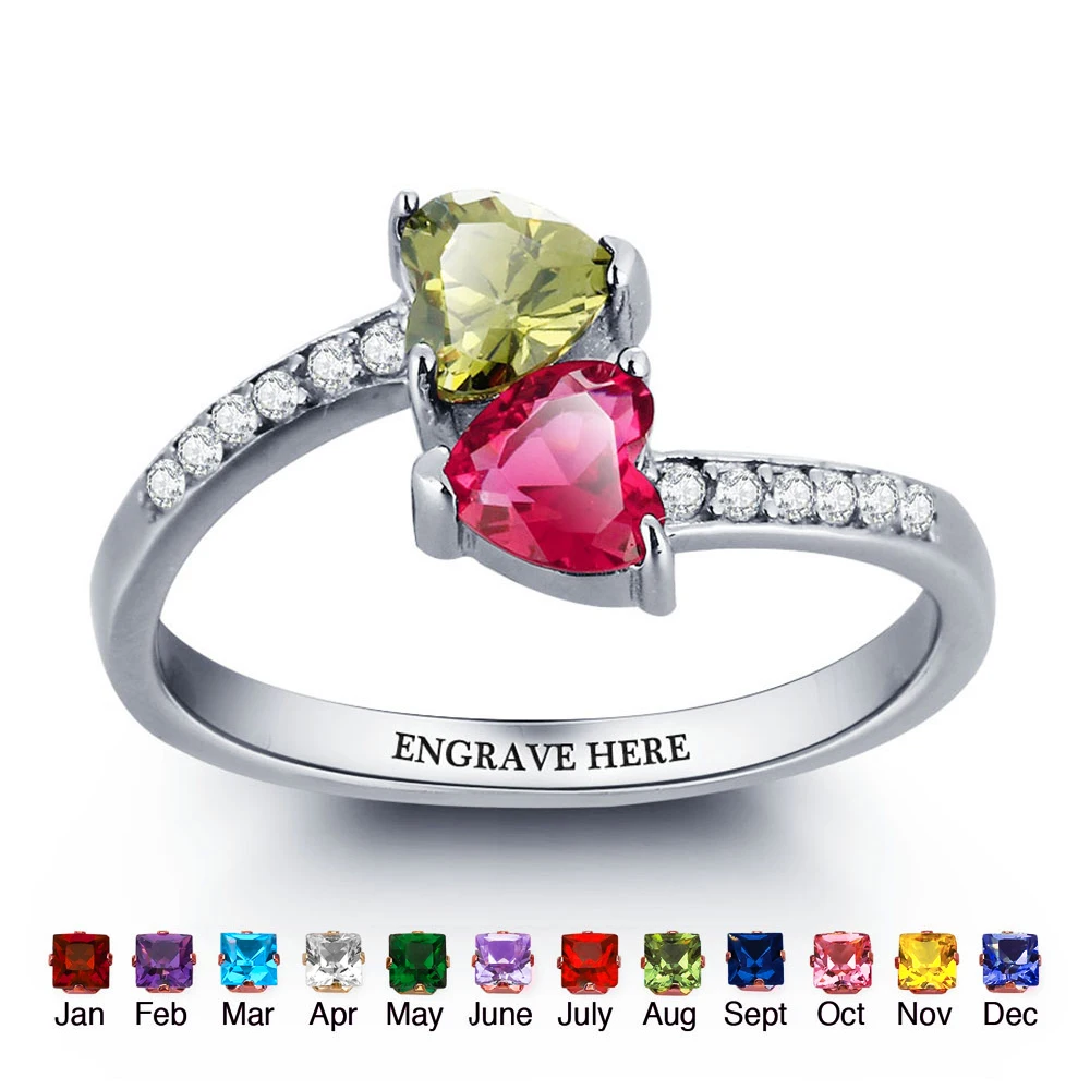 

Personalized Double Heart Stone Love Promise Ring 925 Sterling Silver Cubic Zirconia Ring Valentine's Day Gift (Silveren SI1784)