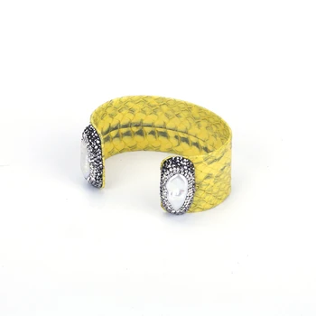 

Natural Double Irregular Freshwater Pearl End Bead Charm Pave Rhinestone Yellow Real Leather Big Wide Open Bangle Cuff For Women