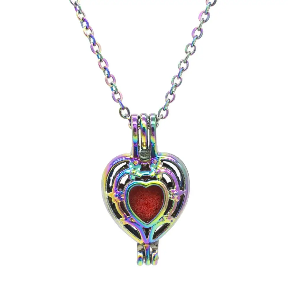 

REYOW 1pcs Rainbow Hollow Flower Heart Oyster Pearl Bead Cages Pendant Essential Oil Diffuser Locket Jewelry Necklace DIY