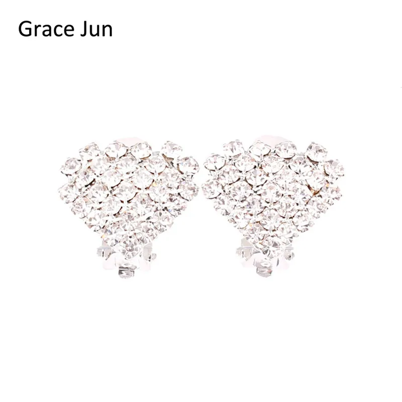 

Grace Jun High Quality Silver Plated Rhinestone Heart Shape Clip on Earrings Non Piercing for Women Party Charm Clip on Earrings