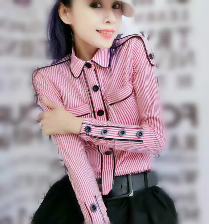 

2018 Spring Long Sleeve Turn Down Collar Striped Cotton Shirts Women PU Leather Patchwork Cotton Blouses Lady Office OL Tops