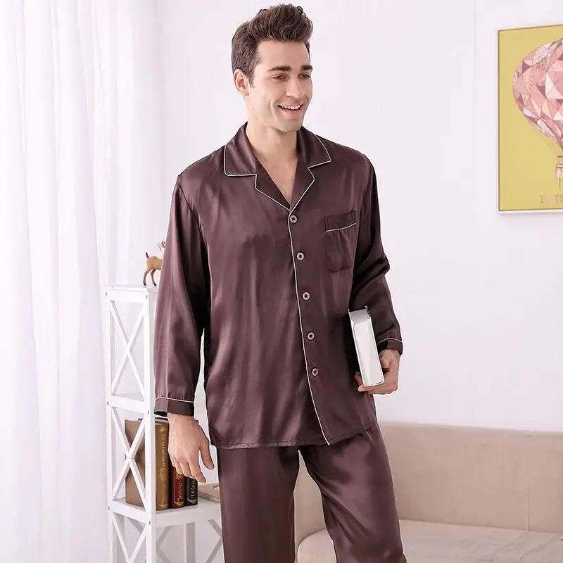 Бренд натуральный шелк мужские пижамы высокого качества с длинными рукавами 2 шт. пижамы брюки наборы мужской шелк тутового шелка Мужская пижама - Цвет: Coffee