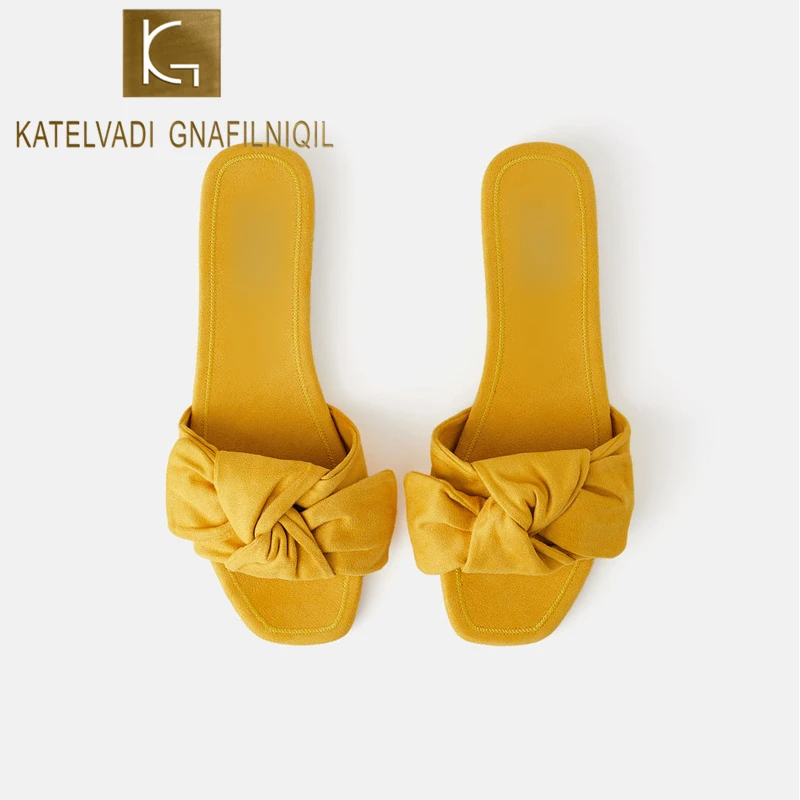 

KATELVADI Slippers Women Yellow Flock Woman Slip On Sandals Butterfly-knot Flat Summer Sliders Shoes K-443