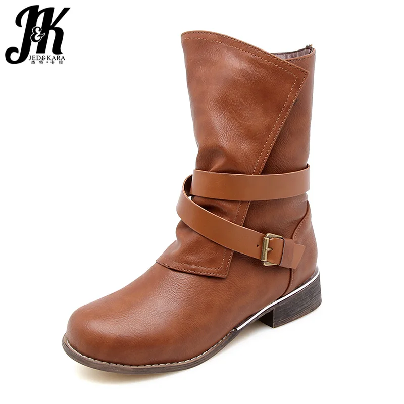 

JK Plus Size 34-48 Autumn Low Heels Jackboots Women Ankle Boots Round Toe Cross Tied Footwear Pu Female Boots Shoes Women 2018
