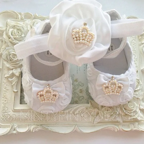 

girl White satin rosette flower headband kids crown set Christening baptism crib hair accessories