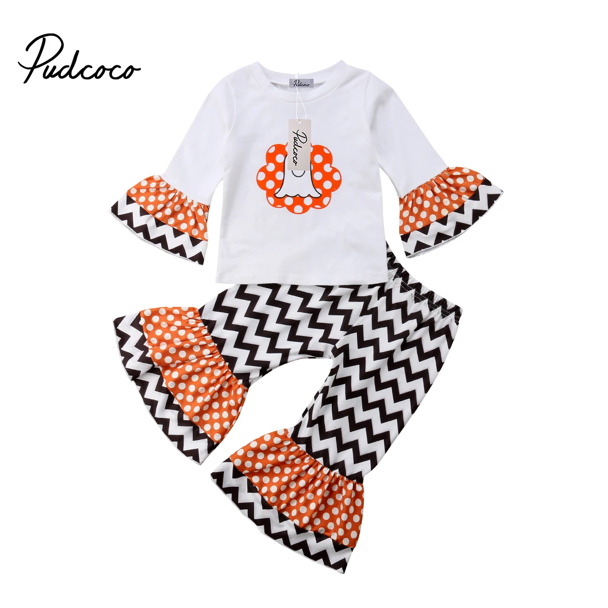 

2Pcs Set Newborn Toddler Kids Baby Girls Halloween Flare T-shirt Tops+Long Flared Pants Trousers Outfits 0-4Y