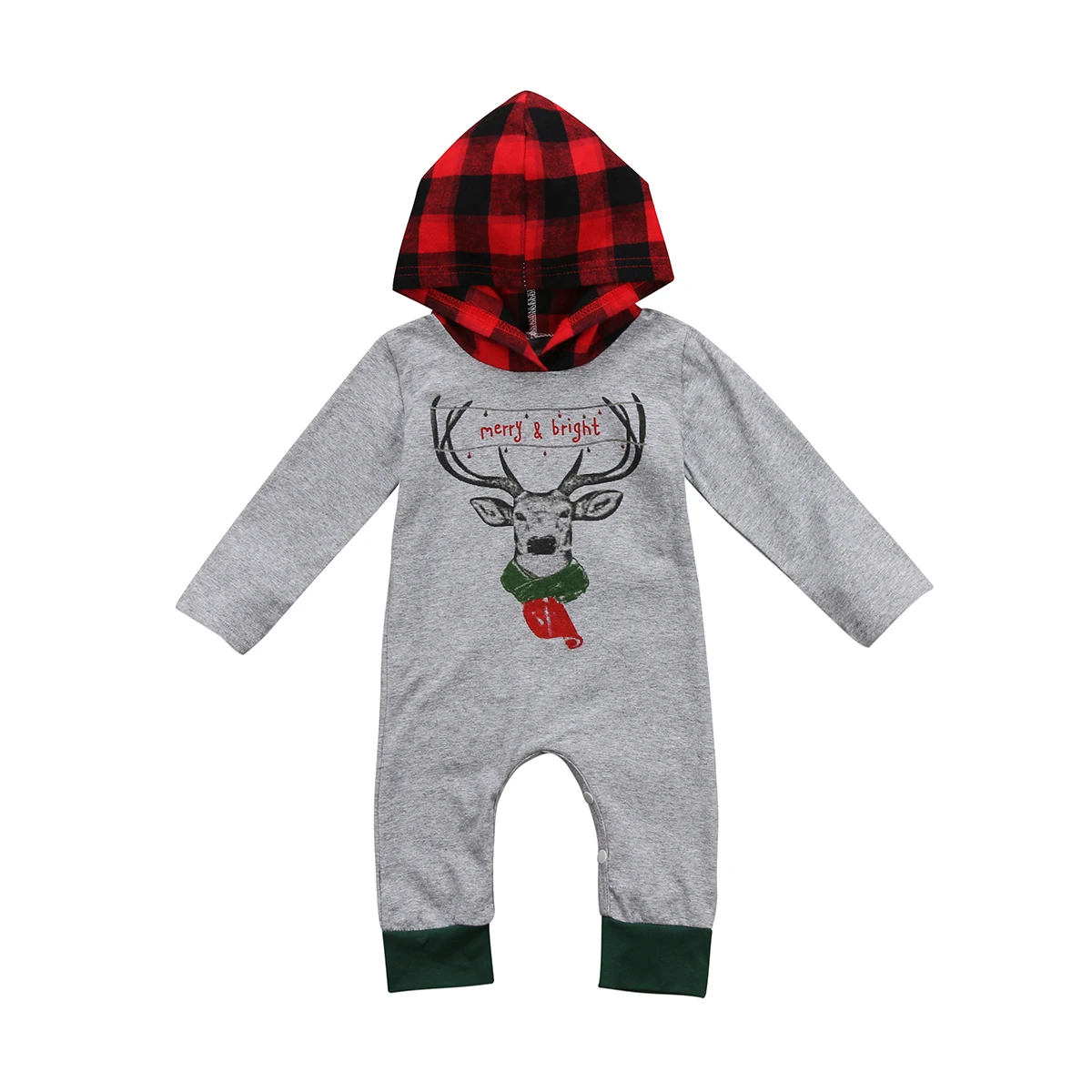 Милые рождественские детские для маленьких девочек мальчик олень одежда с длинными рукавами с капюшоном проверил ползунки комбинезон, костюм наряды - Цвет: Серый