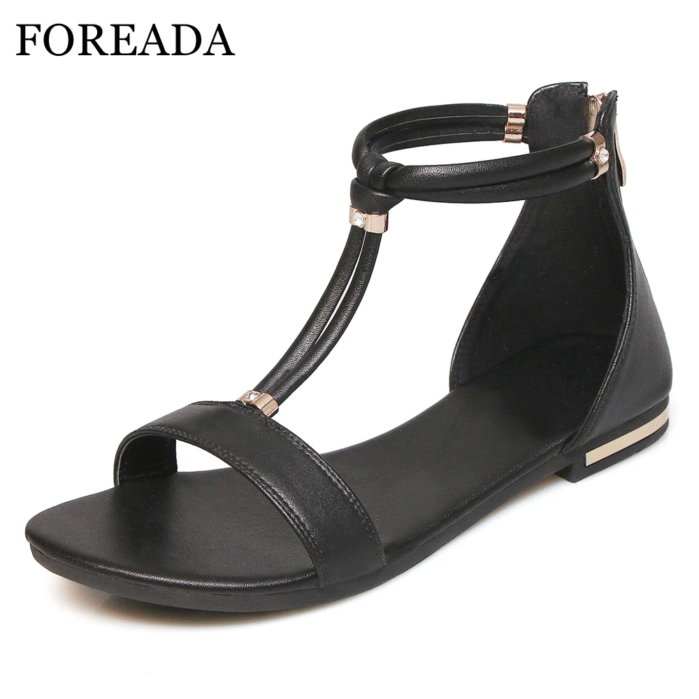 

FOREADA Women Sandals Summer Shoes Natural Genuine Leather Rinestone Flat Shoes Zipper Open Toe T-Strap Sandals Lady Size 3-9.5