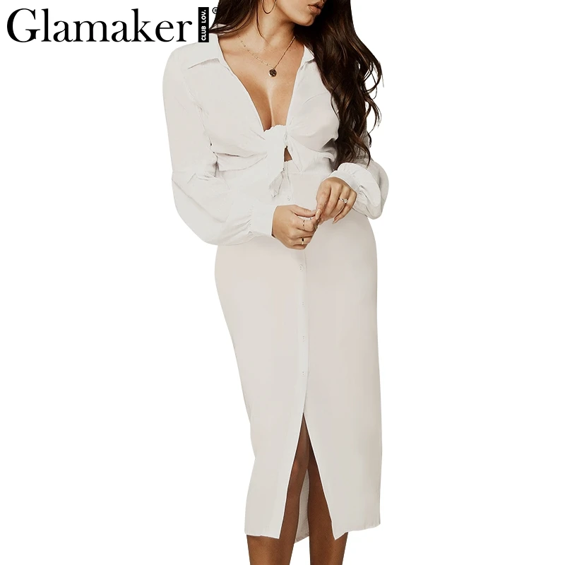 

Glamaker Sexy split chiffon blouse dress Women summer v neck white office bandage dress Elegant ladies bodycon party club dress