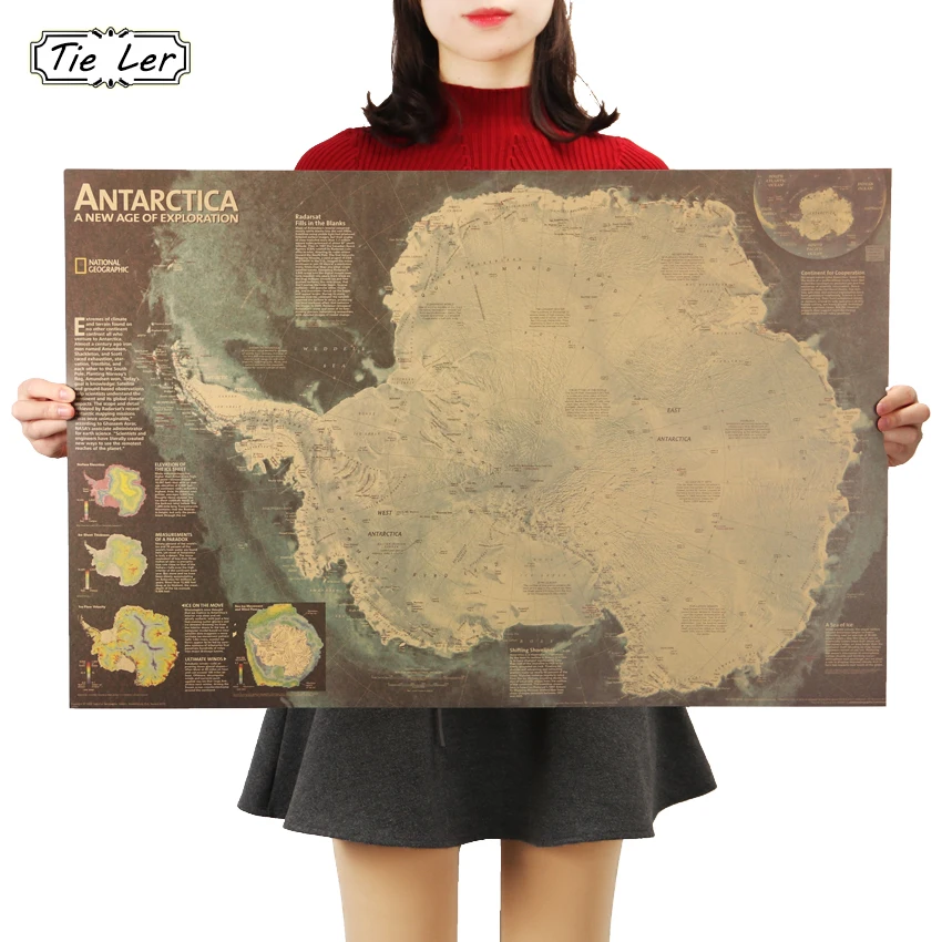 

TIE LER Antarctica Satellite Map Coffee Bar Decorated Living Room Kraft Paper Poster Wall Sticker 72.5X47cm