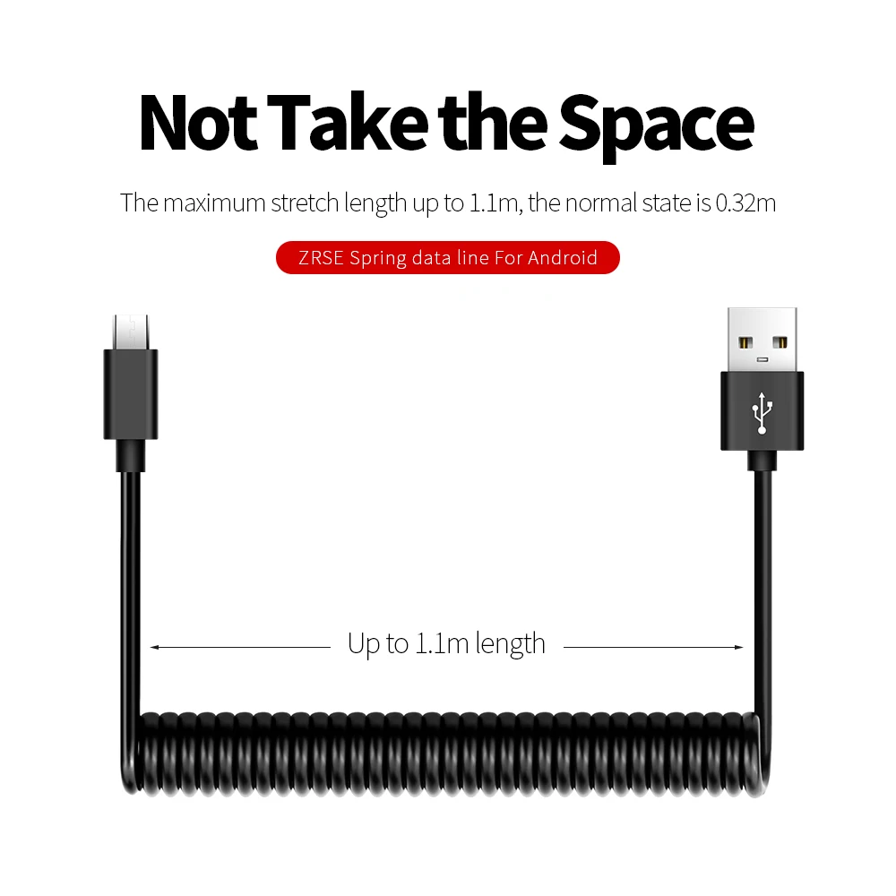 ZRSE مرنة مرونة تمتد المصغّر usb كابل بيانات مزامنة الربيع كابل ل سامسونج Xiaomi Redmi هواوي الهاتف المحمول كابل