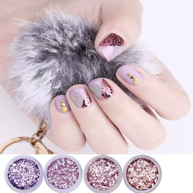 

4Pcs 10ml 3D Nail Light Purple Pink Mix Nail Glitters Powder Set Hexagon Shape Paillette Nail Sequins for Gel Polish Decoration